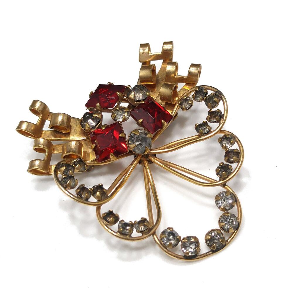 Vintage M & S Red and Gray Rhinestone Brooch Pendant, 12 K Gold Filled, 1950s